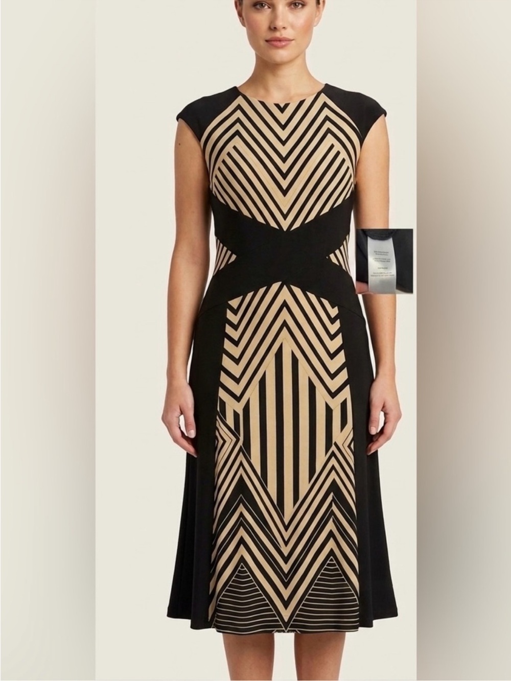 Cleo Black & Beige Geometric
Art Deco Cap Sleeve Dress
Stretch Size M - Picture 1 of 3